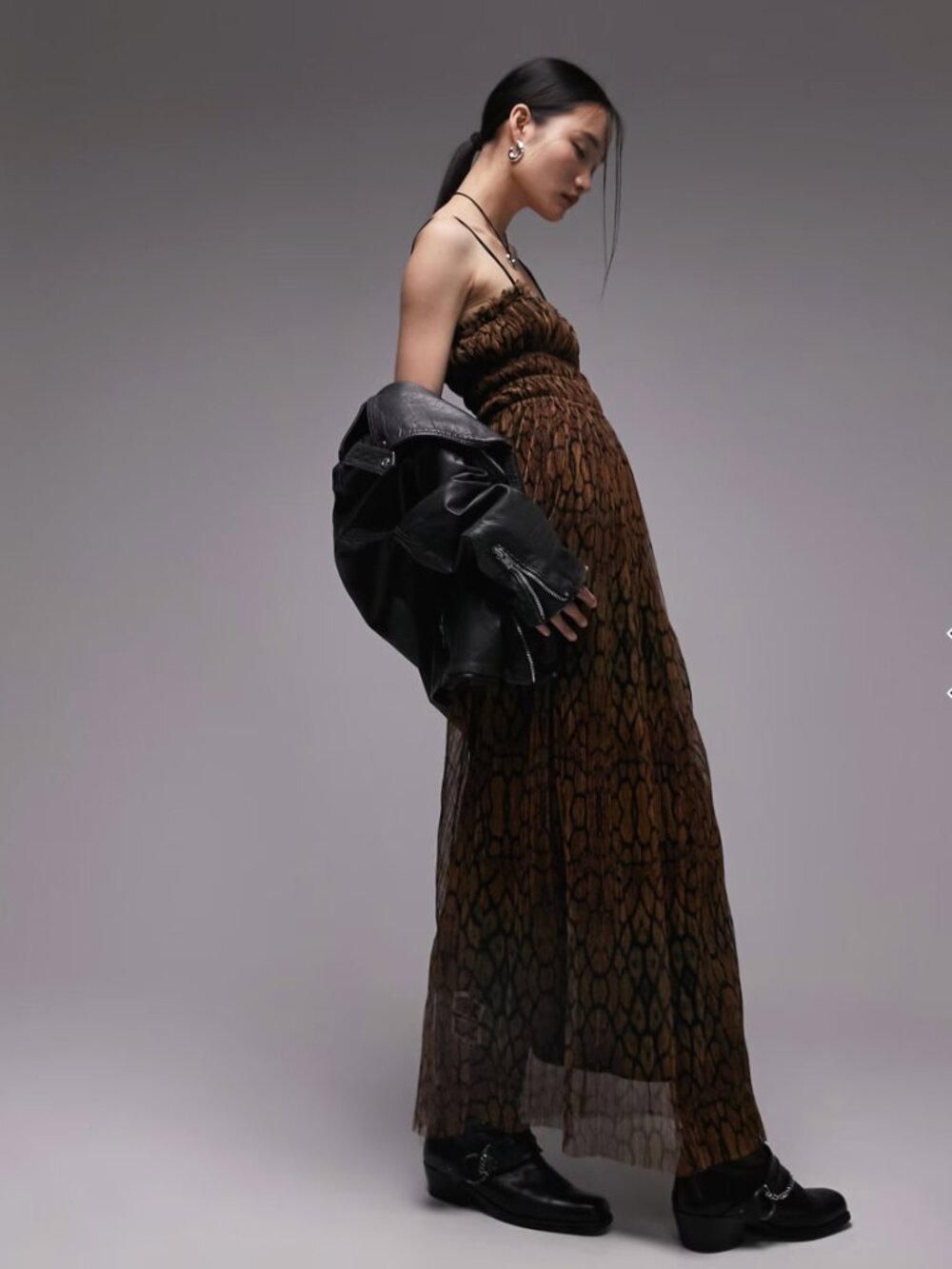 Topshop Jersey Plisse Mesh Channel Maxi Slip Dress in Animal